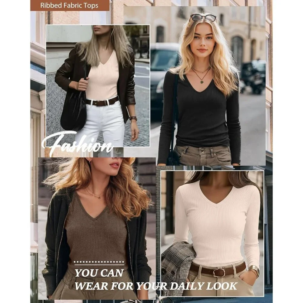 Women's Cotton V Neck Long Sleeve T Shirts 3 Pack Slim Fit Layering Basic